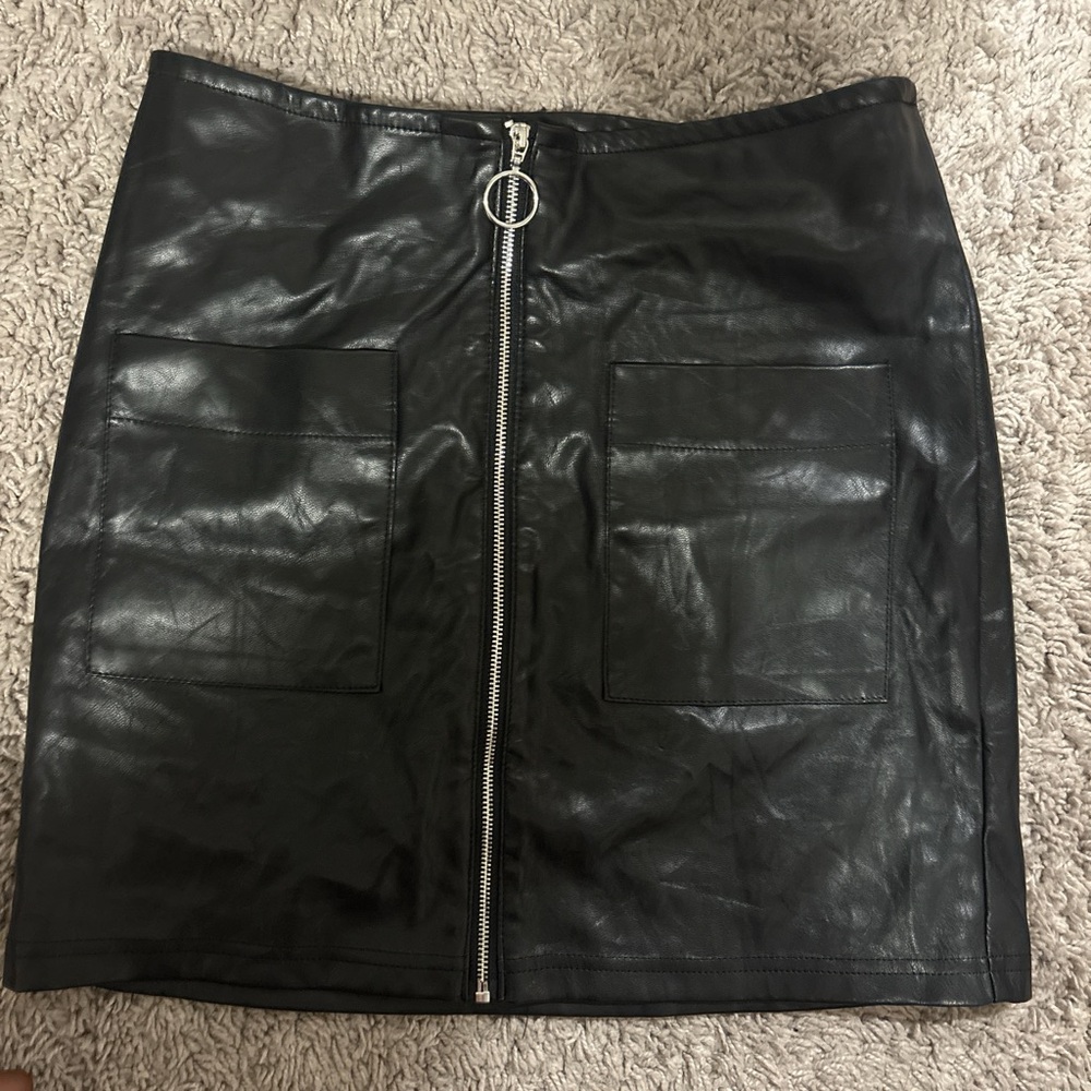 Black Leather Skirt with Front Zipper